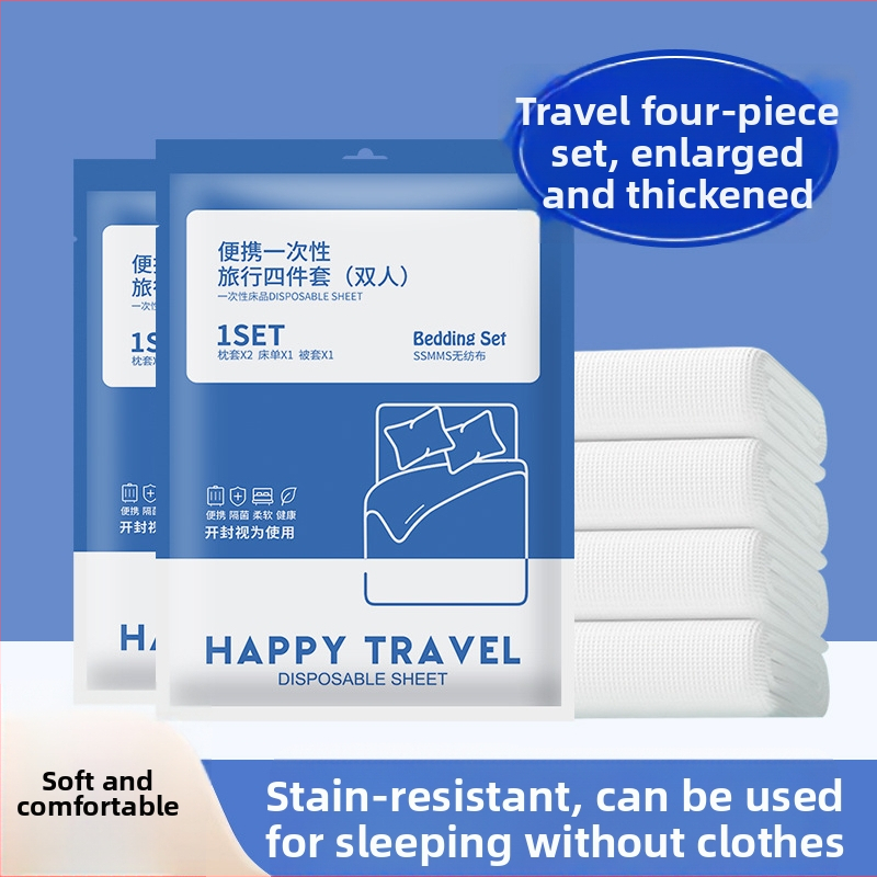 Vienkartinis lovos užvalkalų komplektas: pakloda, antklodės užvalkalas ir pagalvių užvalkalai – keturių arba trijų dalių rinkinys; medžiaga: SSMMS nepluoštas audinys.