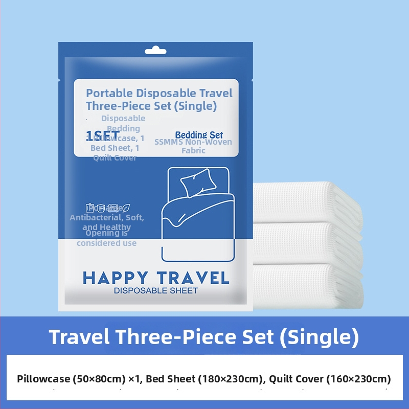 Vienkartinis lovos užvalkalų komplektas: pakloda, antklodės užvalkalas ir pagalvių užvalkalai – keturių arba trijų dalių rinkinys; medžiaga: SSMMS nepluoštas audinys.