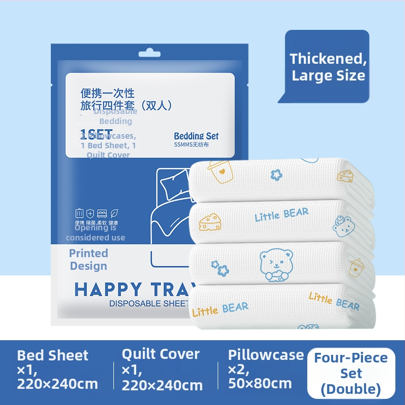 Vienkartinis lovos užvalkalų komplektas: pakloda, antklodės užvalkalas ir pagalvių užvalkalai – keturių arba trijų dalių rinkinys; medžiaga: SSMMS nepluoštas audinys.