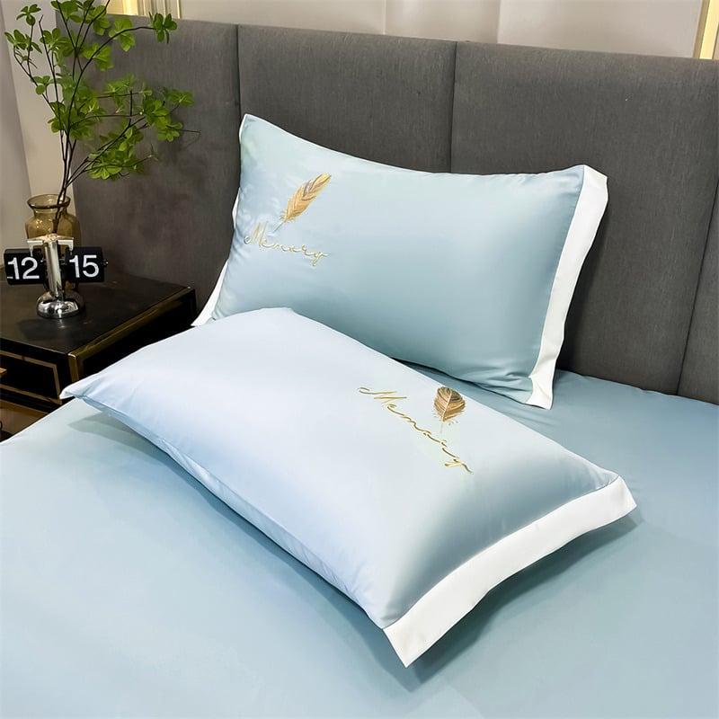 Set navlaka za jastuke od ice silk, 48×74 cm, izvezeni, jednobojna plava, Lyocell vlakna, 2 komada