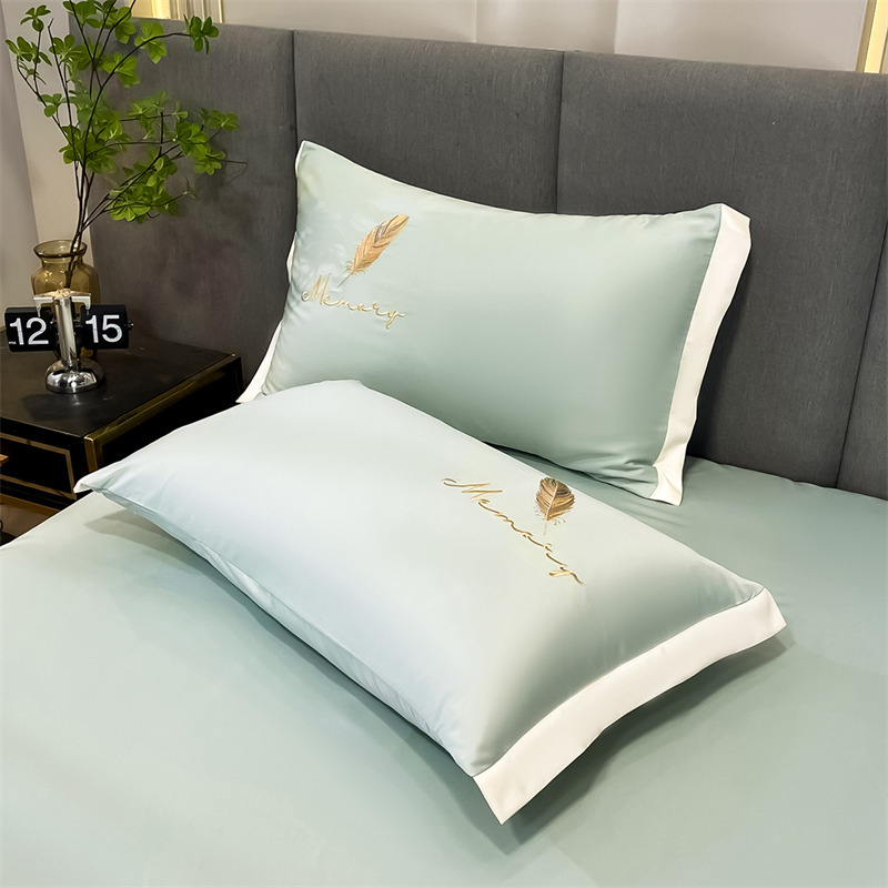 Set navlaka za jastuke od ice silk, 48×74 cm, izvezeni, jednobojna plava, Lyocell vlakna, 2 komada
