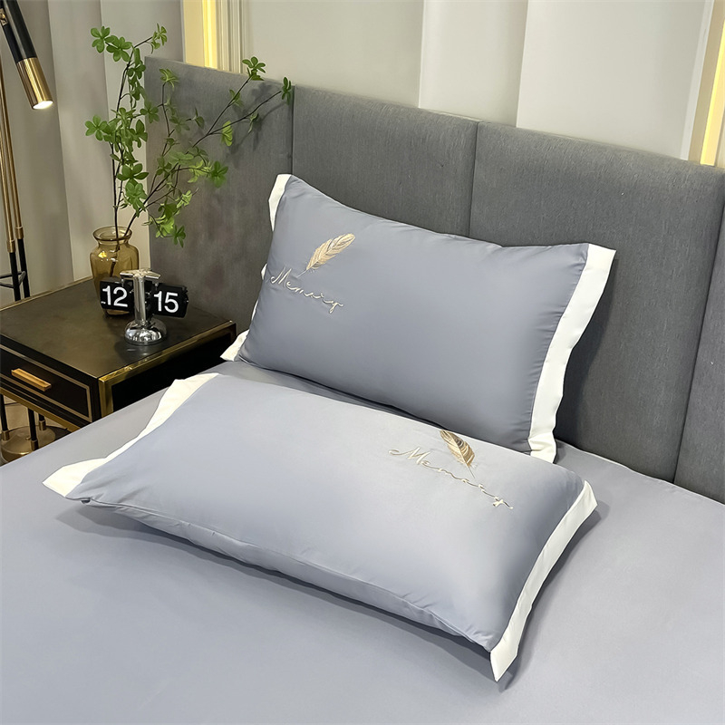 Set navlaka za jastuke od ice silk, 48×74 cm, izvezeni, jednobojna plava, Lyocell vlakna, 2 komada
