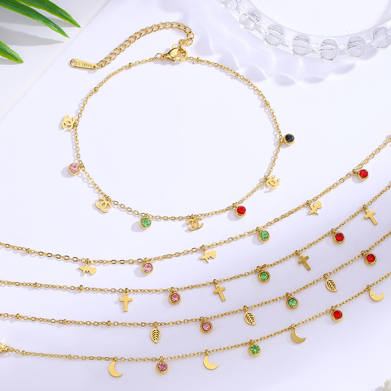Anklet od nehrđajućeg čelika, geometrijski dizajn, pozlaćeni kamenčići, jednostavan ženski stil