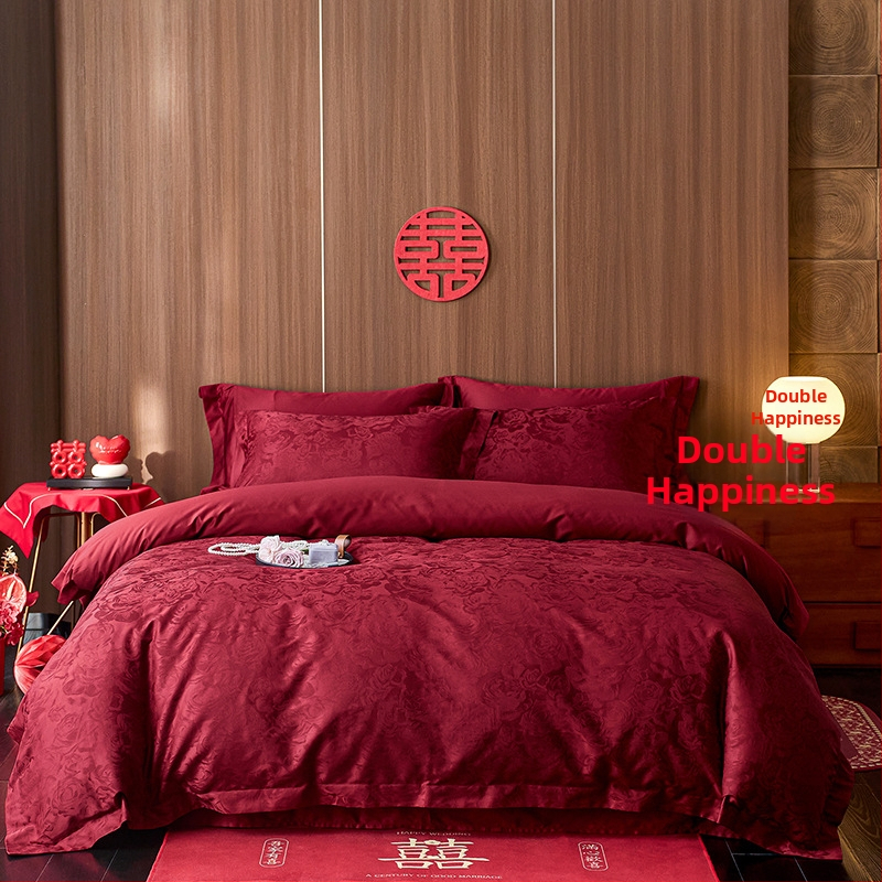 Neljaosaline voodipesukomplekt - pikkade kiudude puuvill jacquard, 100 lõng, kanga tihedus 200x100, pulmade stiil