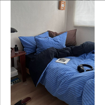 Japanski stil, prugasti pamuk, četverodjelni set posteljine od 100% pamuka, vintage ispran pamuk, jednofarban