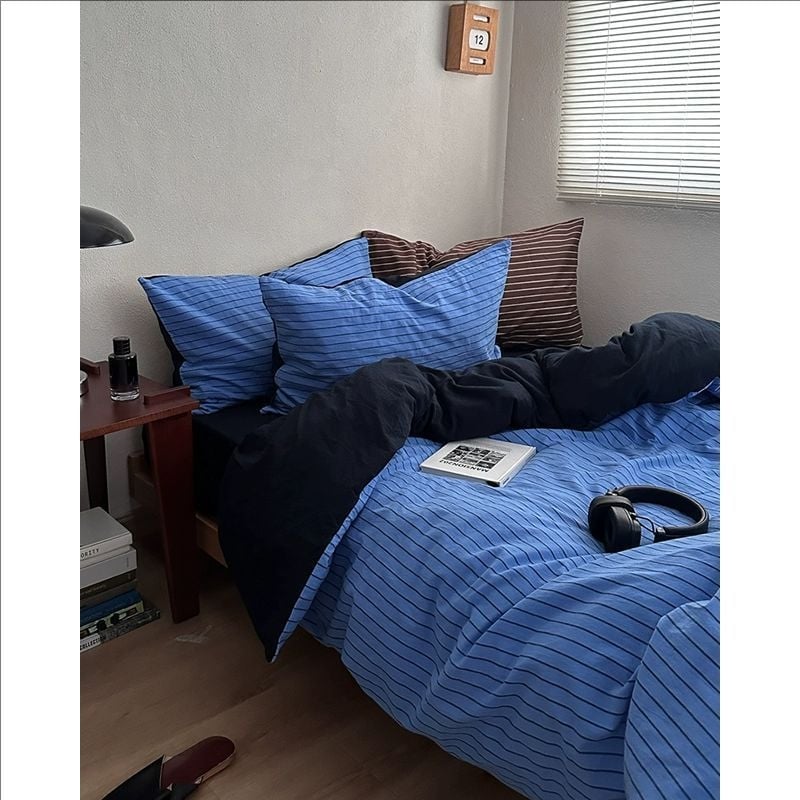 Japanski stil, prugasti pamuk, četverodjelni set posteljine od 100% pamuka, vintage ispran pamuk, jednofarban