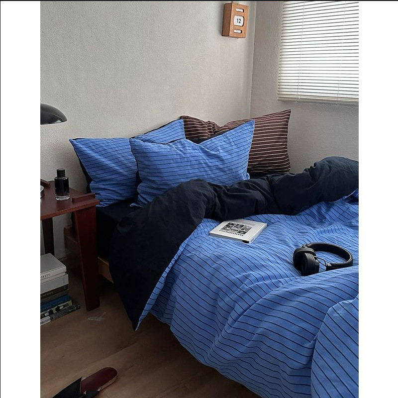 Japanski stil, prugasti pamuk, četverodjelni set posteljine od 100% pamuka, vintage ispran pamuk, jednofarban