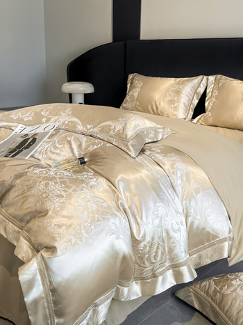 Premium A-kvaliteti satin žakard četverodijelni set, lagani luksuz navlaka za jorgan i madrac s gumicom, ultra mekano posteljno rublje