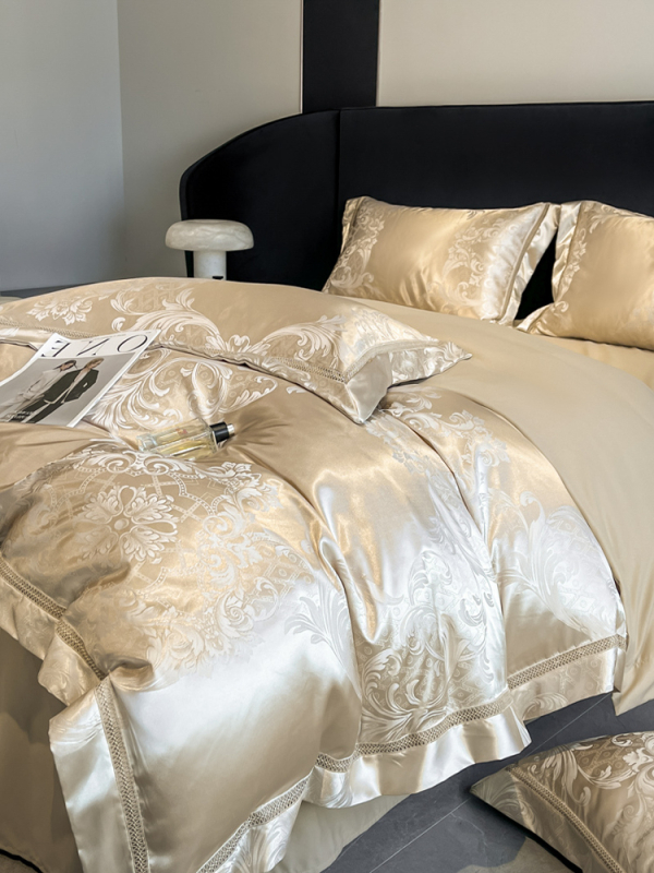 Premium A-kvaliteti satin žakard četverodijelni set, lagani luksuz navlaka za jorgan i madrac s gumicom, ultra mekano posteljno rublje