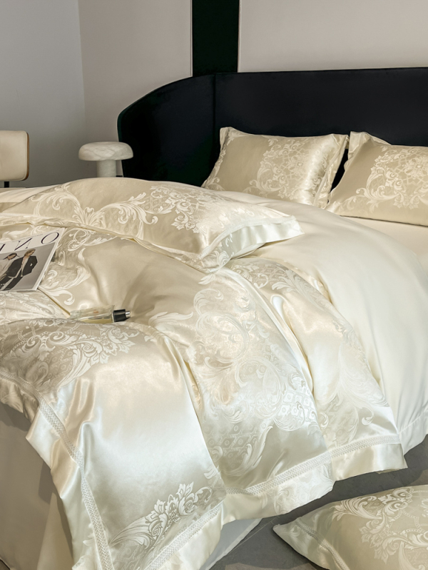 Premium A-kvaliteti satin žakard četverodijelni set, lagani luksuz navlaka za jorgan i madrac s gumicom, ultra mekano posteljno rublje