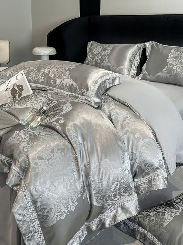Premium A-kvaliteti satin žakard četverodijelni set, lagani luksuz navlaka za jorgan i madrac s gumicom, ultra mekano posteljno rublje