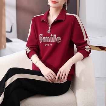 Női koreai stílusú karcsúsított, két darabos sportos szett, hosszú ujjú pulóverrel és nadrággal, poliészter, őszi 2024