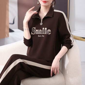 Női koreai stílusú karcsúsított, két darabos sportos szett, hosszú ujjú pulóverrel és nadrággal, poliészter, őszi 2024