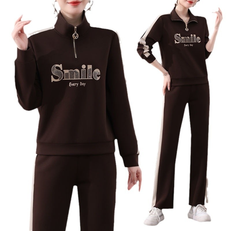 Női koreai stílusú karcsúsított, két darabos sportos szett, hosszú ujjú pulóverrel és nadrággal, poliészter, őszi 2024