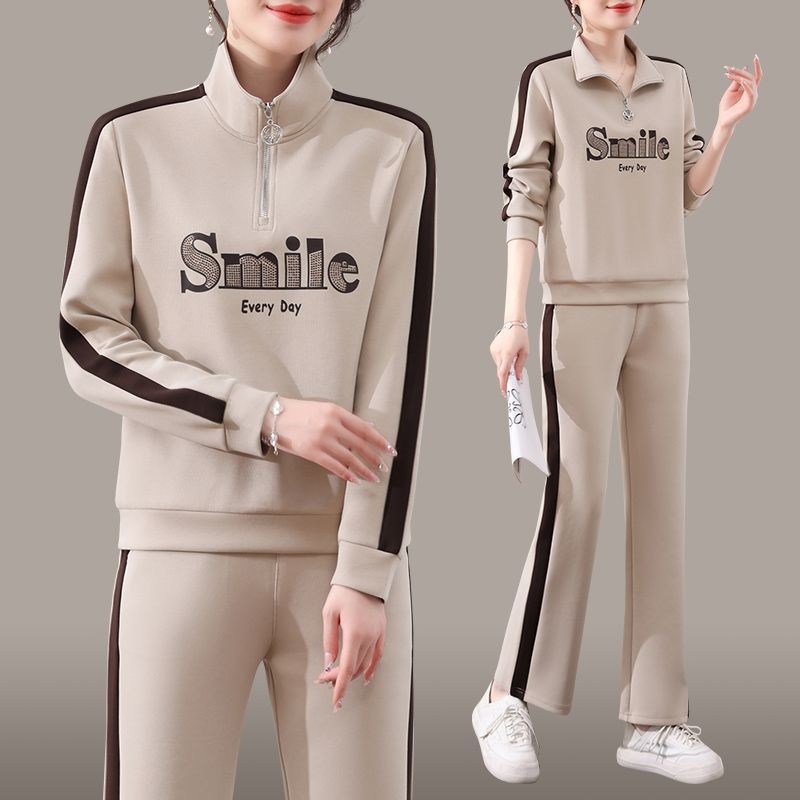 Női koreai stílusú karcsúsított, két darabos sportos szett, hosszú ujjú pulóverrel és nadrággal, poliészter, őszi 2024