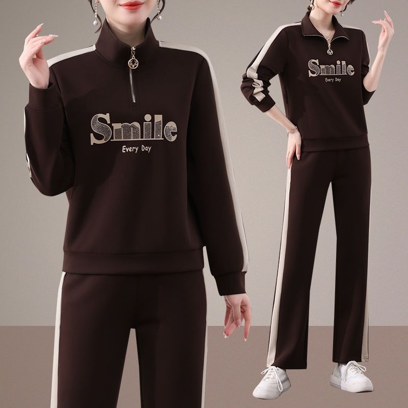 Női koreai stílusú karcsúsított, két darabos sportos szett, hosszú ujjú pulóverrel és nadrággal, poliészter, őszi 2024