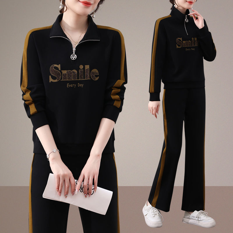 Női koreai stílusú karcsúsított, két darabos sportos szett, hosszú ujjú pulóverrel és nadrággal, poliészter, őszi 2024