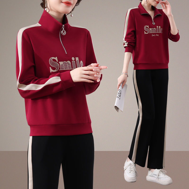 Női koreai stílusú karcsúsított, két darabos sportos szett, hosszú ujjú pulóverrel és nadrággal, poliészter, őszi 2024