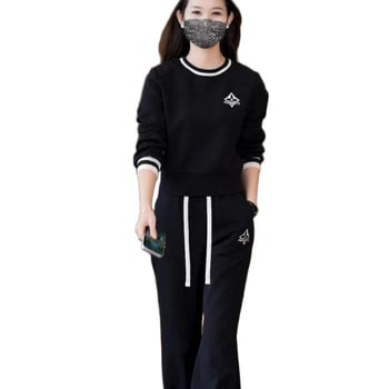 Ženski dvodijelni casual set s okruglim izrezom, dugim rukavima, Capri hlačama, PVC tkanina, proljeće 2025 izdanje