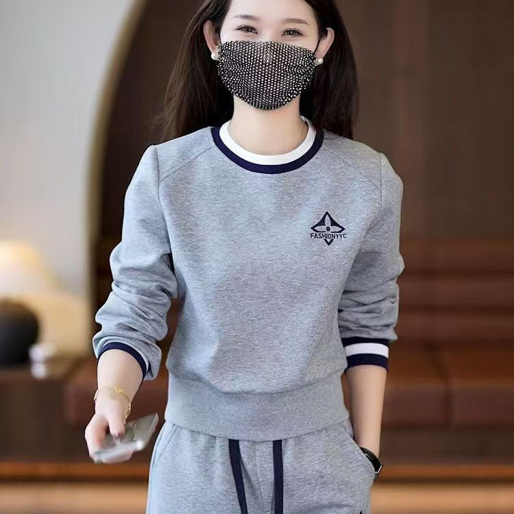 Ženski dvodijelni casual set s okruglim izrezom, dugim rukavima, Capri hlačama, PVC tkanina, proljeće 2025 izdanje