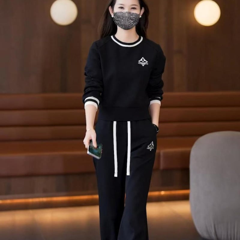 Ženski dvodijelni casual set s okruglim izrezom, dugim rukavima, Capri hlačama, PVC tkanina, proljeće 2025 izdanje