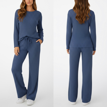 Ženski zimski dvodijelni set od rebraste tkanine s flis podstavom, s pojasom i džepovima, casual stil