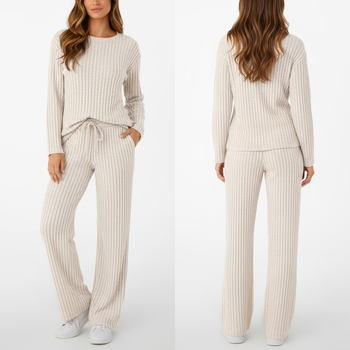 Ženski zimski dvodijelni set od rebraste tkanine s flis podstavom, s pojasom i džepovima, casual stil