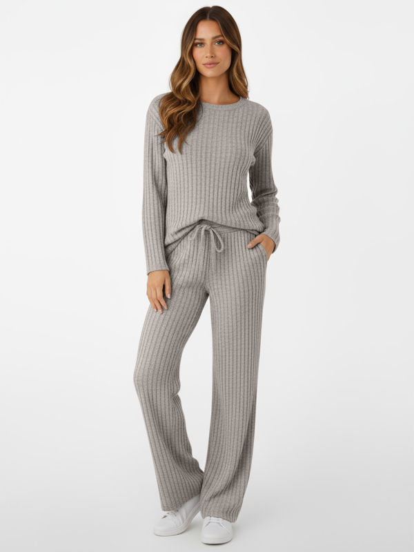 Ženski zimski dvodijelni set od rebraste tkanine s flis podstavom, s pojasom i džepovima, casual stil