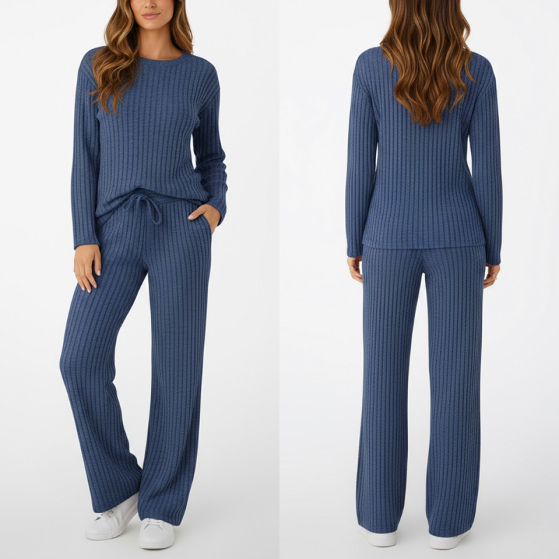 Ženski zimski dvodijelni set od rebraste tkanine s flis podstavom, s pojasom i džepovima, casual stil