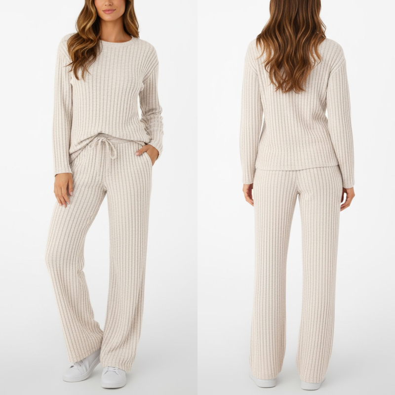Ženski zimski dvodijelni set od rebraste tkanine s flis podstavom, s pojasom i džepovima, casual stil