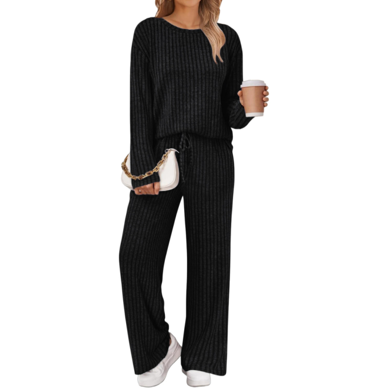 Ženski zimski dvodijelni set od rebraste tkanine s flis podstavom, s pojasom i džepovima, casual stil