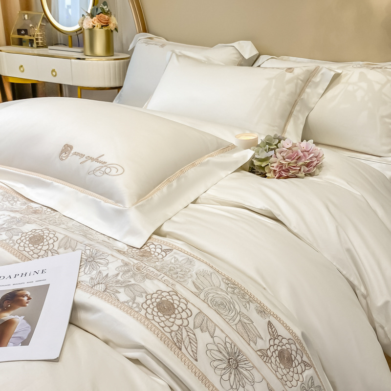 Négy részes ágyneműszett hímzéssel, szállodai stílusú luxus, 100% pamut, reaktív festés, egész éves használatra