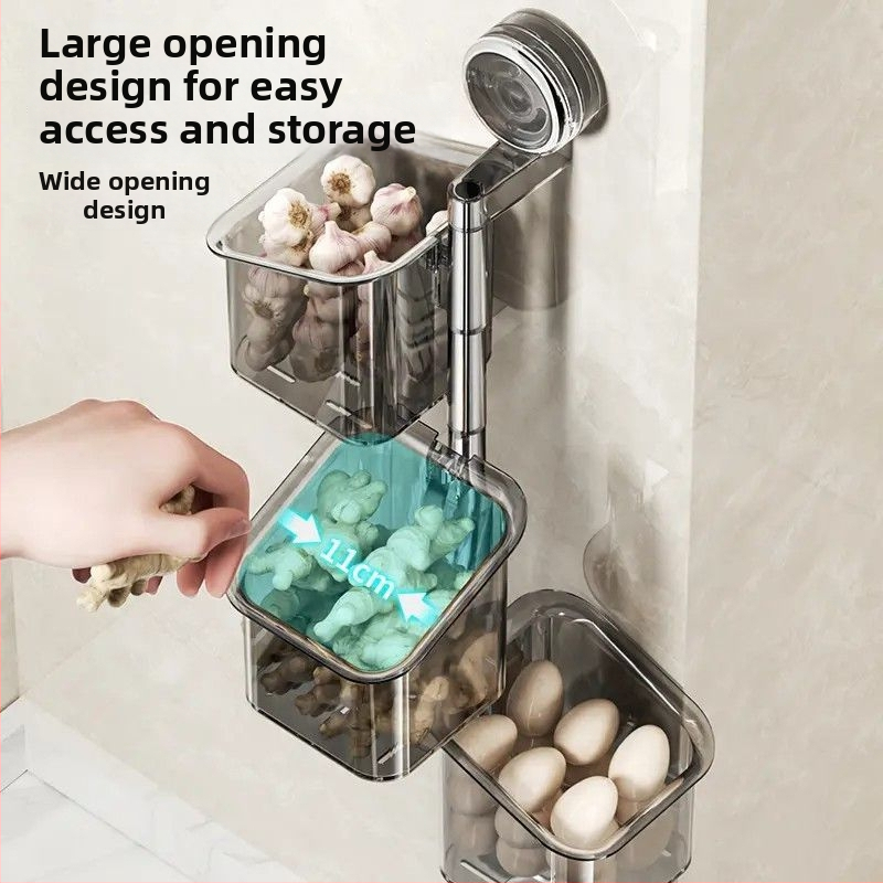 Topelt imukuppidega pöörlev köögihoidik sibulale, ingverile ja küüslaugule — seinale kinnitatav, ABS-materjal, paigalduseta, lihtne ja moods