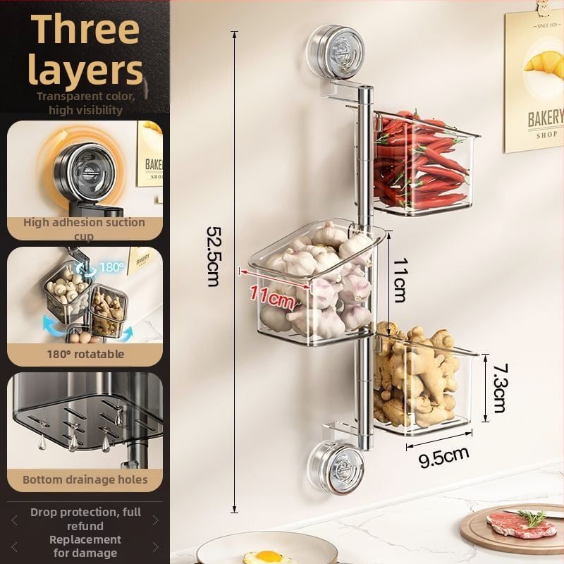 Topelt imukuppidega pöörlev köögihoidik sibulale, ingverile ja küüslaugule — seinale kinnitatav, ABS-materjal, paigalduseta, lihtne ja moods
