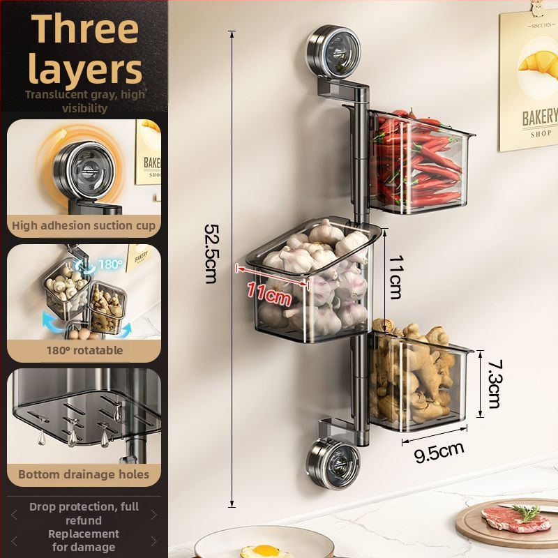 Topelt imukuppidega pöörlev köögihoidik sibulale, ingverile ja küüslaugule — seinale kinnitatav, ABS-materjal, paigalduseta, lihtne ja moods