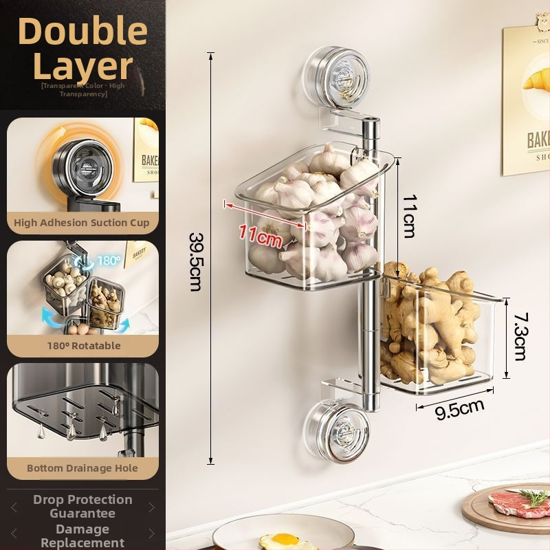 Topelt imukuppidega pöörlev köögihoidik sibulale, ingverile ja küüslaugule — seinale kinnitatav, ABS-materjal, paigalduseta, lihtne ja moods