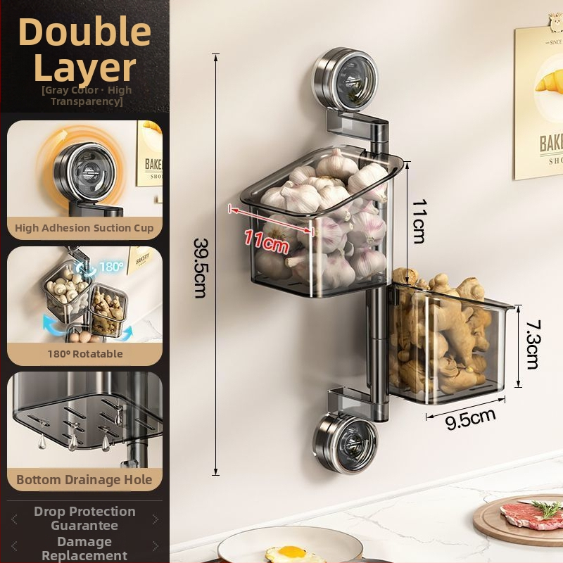 Topelt imukuppidega pöörlev köögihoidik sibulale, ingverile ja küüslaugule — seinale kinnitatav, ABS-materjal, paigalduseta, lihtne ja moods