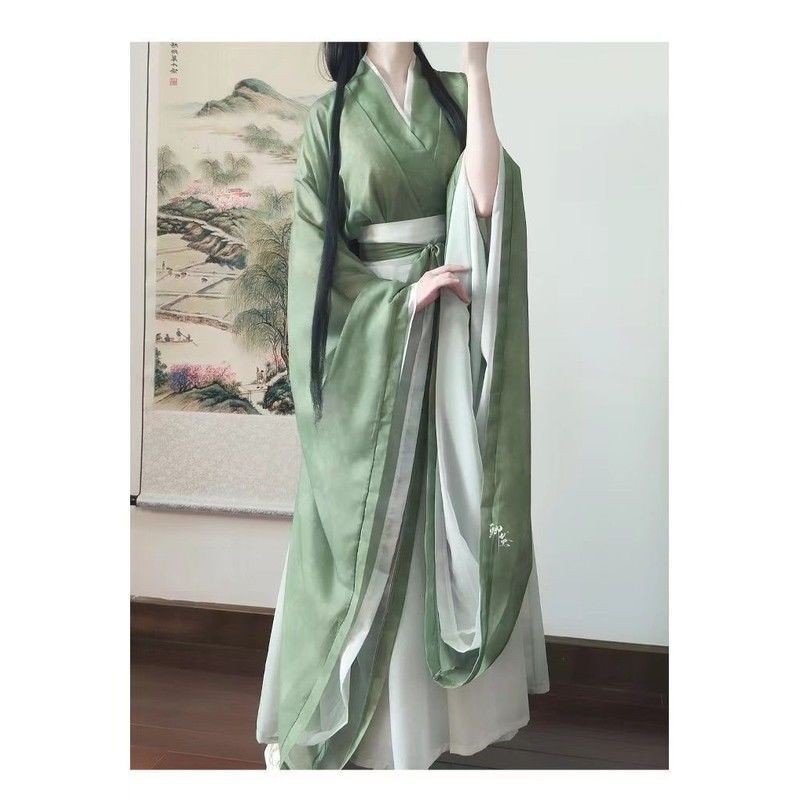 Hanfu Ruqun komplekts, Han dinastijas stilā, piedurknes ar bultiņu formu, burtiem/skaitļiem/tekstu raksts, TR audums (70-80% poliestera)