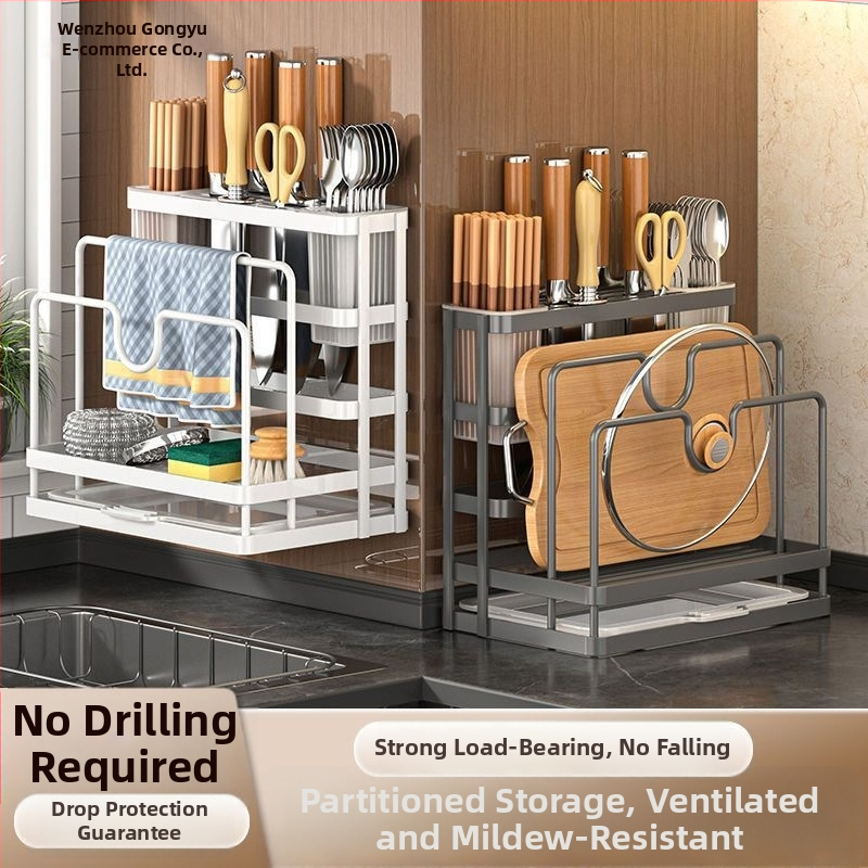 Roostevabast terasest köögihoidik koos nuga hoidja ja lõikelaua hoidjaga, integreeritud mitmetasandiline lauorganisaator