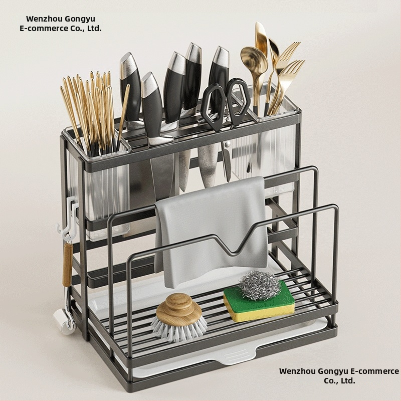 Roostevabast terasest köögihoidik koos nuga hoidja ja lõikelaua hoidjaga, integreeritud mitmetasandiline lauorganisaator