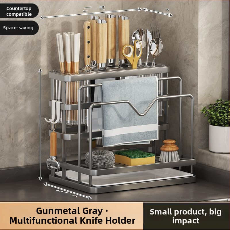 Roostevabast terasest köögihoidik koos nuga hoidja ja lõikelaua hoidjaga, integreeritud mitmetasandiline lauorganisaator