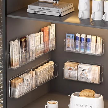 Sienas stiprināms uzglabāšanas plaukts tējuma maisiņiem un kafijas kapsulām – taisnstūra modelis, PS materiāls, japāņu stils, uzglabāšana un organizēšana