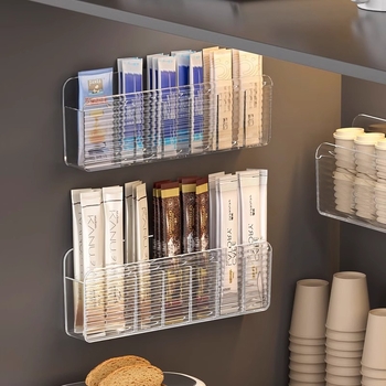 Sienas stiprināms uzglabāšanas plaukts tējuma maisiņiem un kafijas kapsulām – taisnstūra modelis, PS materiāls, japāņu stils, uzglabāšana un organizēšana