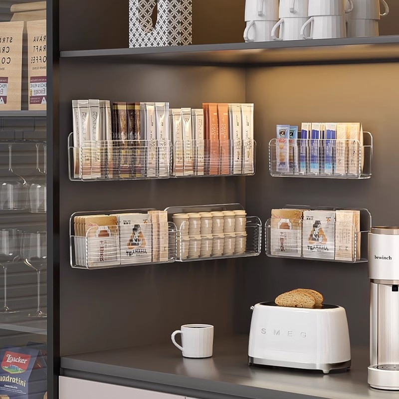 Sienas stiprināms uzglabāšanas plaukts tējuma maisiņiem un kafijas kapsulām – taisnstūra modelis, PS materiāls, japāņu stils, uzglabāšana un organizēšana