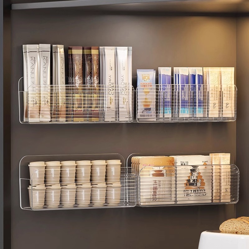 Sienas stiprināms uzglabāšanas plaukts tējuma maisiņiem un kafijas kapsulām – taisnstūra modelis, PS materiāls, japāņu stils, uzglabāšana un organizēšana