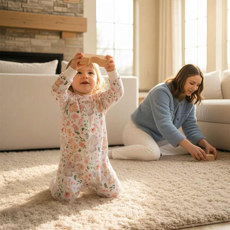 Baba- és kisgyermekek részére készített négyrétegű alvózsák bambuszrostból és pamutból, belső pamut bélés, fém cipzár, megfelelő tél-, tavasz- és ősz időszakra, nedvességelnyelő.