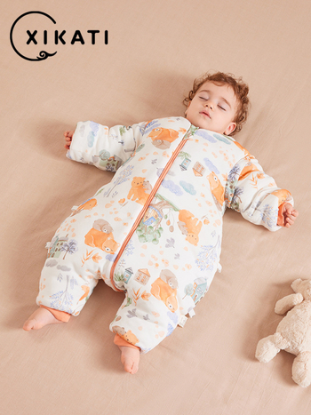 Xikati bébi alvózsák, vastag téli- és őszi modell, négyévszakos használat, állandó hőmérséklet, levehető ujjak, karikatúra mintázat