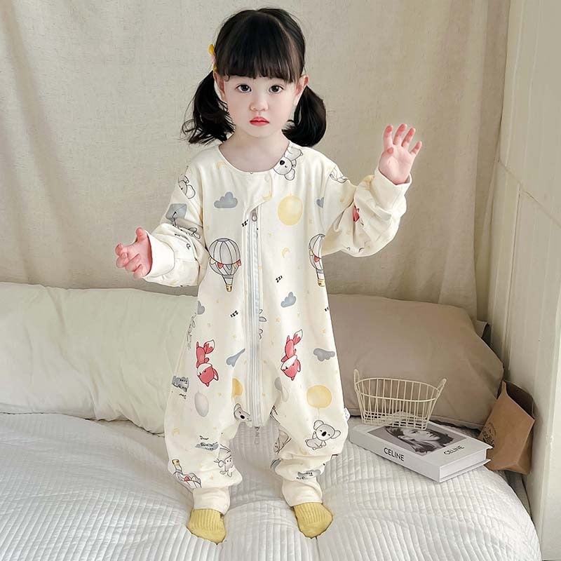 Gyerekeknek szóló két rétegű pamut alvózsák, tiszta pamut töltéssel, karikatúra mintával, lábakkal elválasztott kialakítással, tél–tavasz–őszre