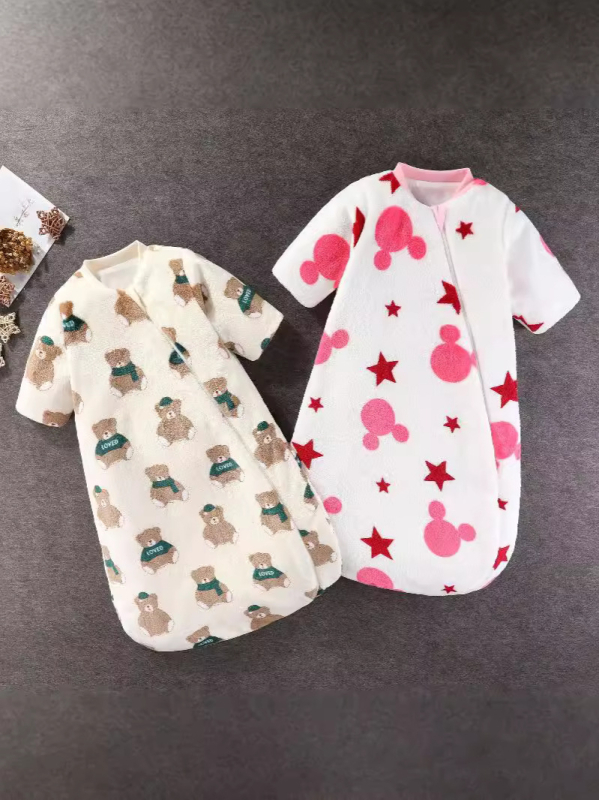 Hálózsák babák és kisgyermekek számára (1–3 év), flanel külső anyag, poliészter bélés, rajzolt minta