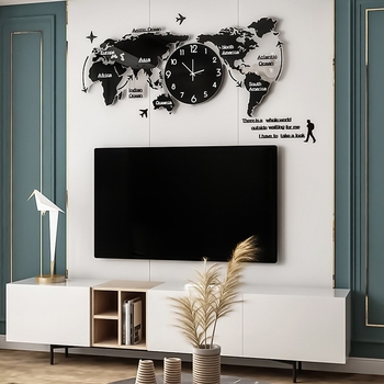 Zidni sat s kartom svijeta, tiha sekundarna kretanja, brojčanik od organskog stakla, metalno kućište, Plexiglas ogledalo, prikaz kazaljkama i brojkama